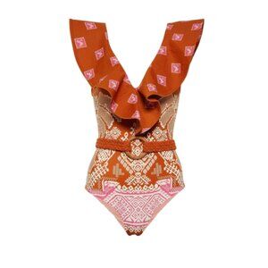 Johanna Ortiz Caral One Piece Bathing Swim Suit Womens XL Orange Pink Belt Print
